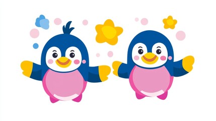 Obraz premium Pixelated penguin pals celebrating together with star accents cute blue and pink pixel art for childrens projects and holiday themed graphics elements