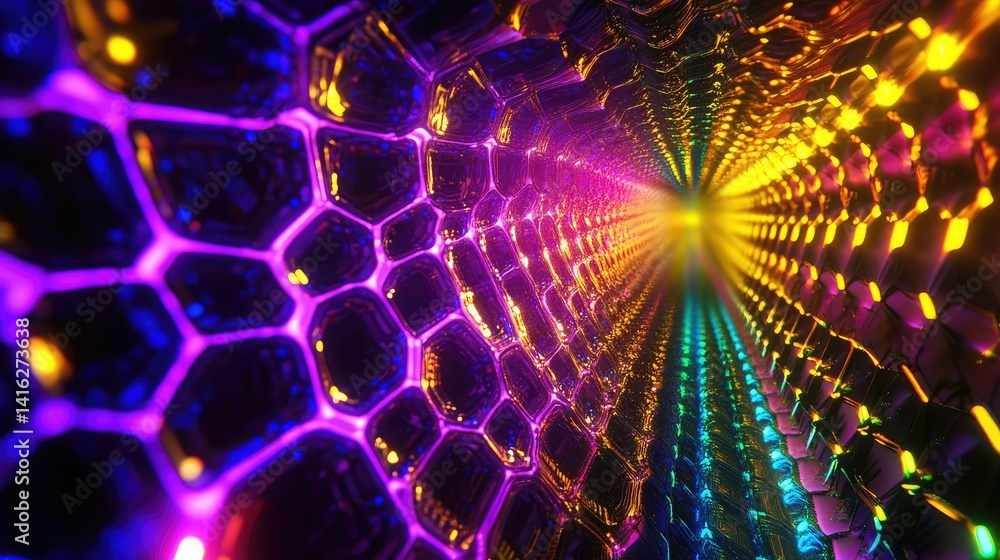 Poster vibrant abstract tunnel with honeycomb pattern in vivid colors, creating a hypnotic journey through 