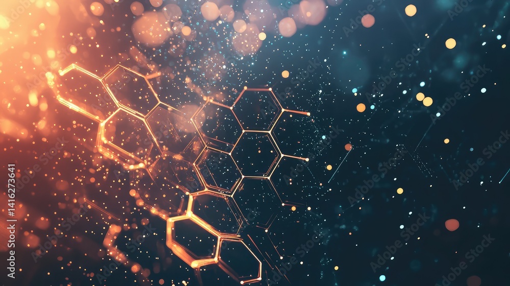 Aufkleber abstract digital background with geometric shapes and sparkling particles in warm orange and cool bl