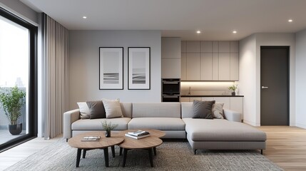 Modern spacious living room with soft sofa in elegant design contemporary home cozy atmosphere stylish view