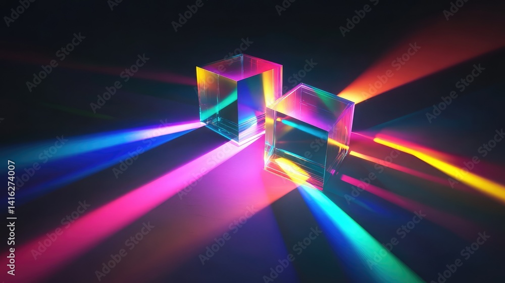 Poster vibrant light refractions through transparent cubes creating a spectacle of colorful rays and shadow