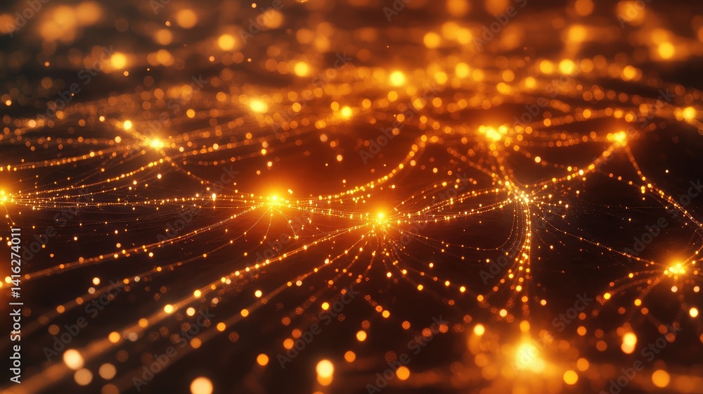 Poster abstract glowing particles create a mesmerizing network of light in a dark background, evoking a sen