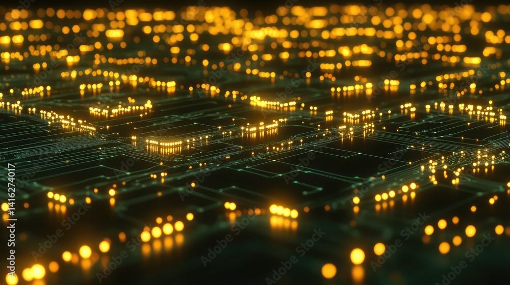 Poster abstract view of glowing golden circuitry in a dark environment representing modern technology, digi