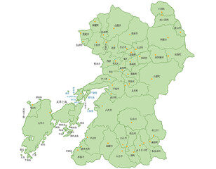 熊本県　地図　黄緑　斑点　イラスト