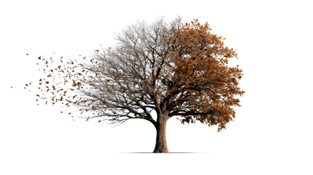 Seasons of Change: Captivating image of a tree, where one half displays vibrant autumnal foliage while the other reveals bare branches with falling leaves.