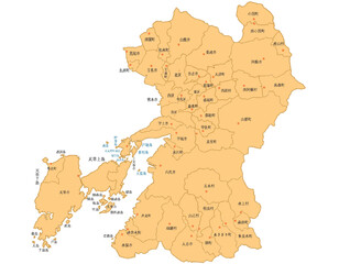 Obraz premium 熊本県 地図 オレンジ 斑点 イラスト