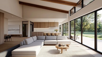 Fototapeta premium Scandinavian style living room furniture showcase modern home interior design bright environment wide angle view