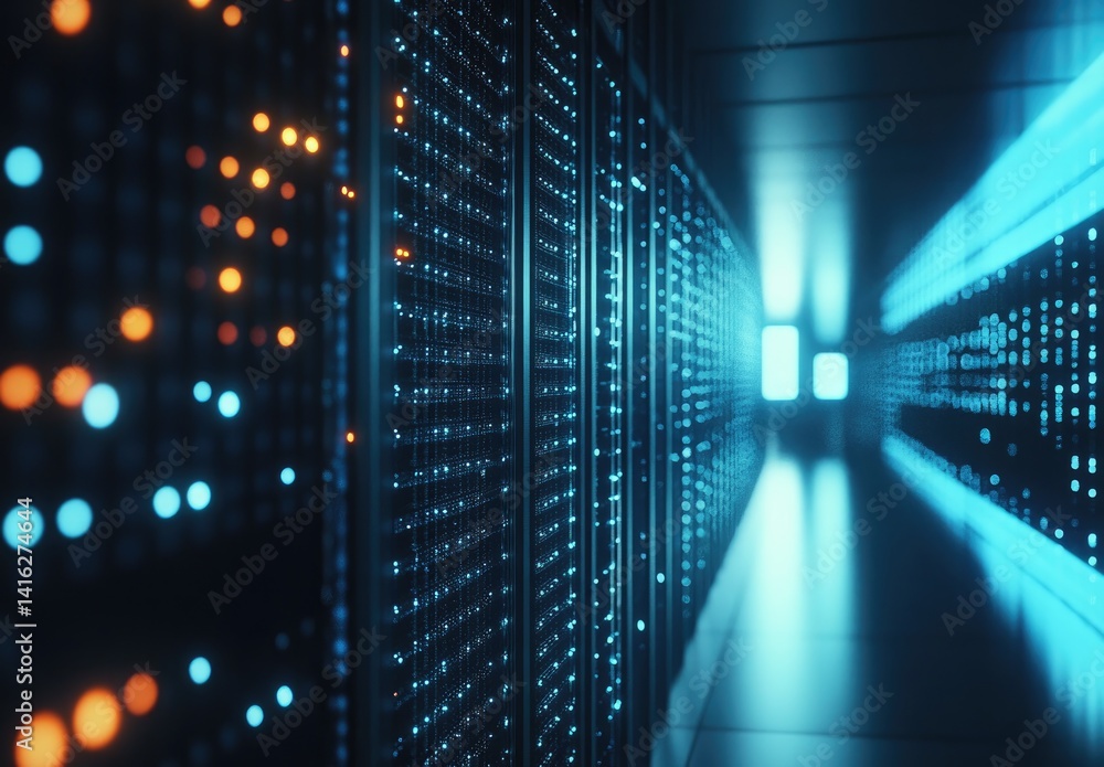 Poster Close-up view of illuminated server racks in a high-tech data center corridor, perfect for cybersecurity, cloud infrastructure, and futuristic tech environment concepts