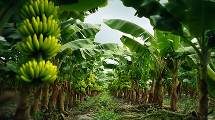 Lush banana plantation with vibrant green foliage and clusters of ripe bananas under cloudy sky