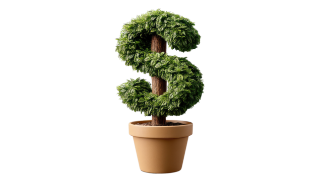 Financial Growth: The image presents a unique metaphor of a monetary symbol as a plant, thriving and nurtured in a pot, symbolizing the growth and prosperity of financial investments