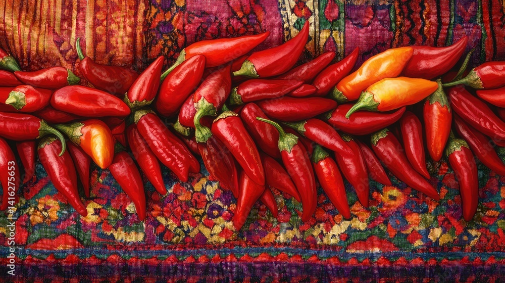 Poster vibrant display of red and yellow chili peppers on a colorful textile background showcasing rich tex
