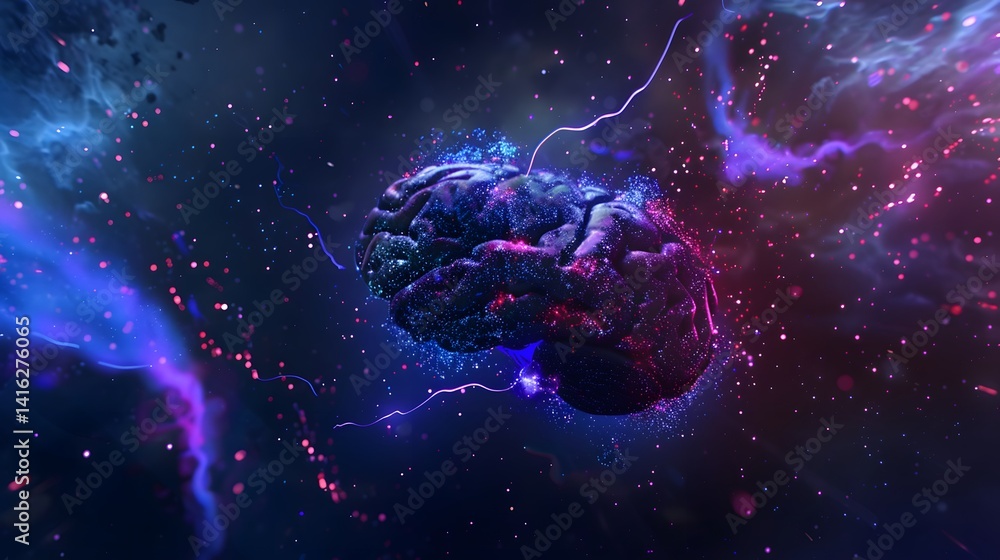 Poster a brain is floating in space with a purple and blue background. the brain is surrounded by a colorfu