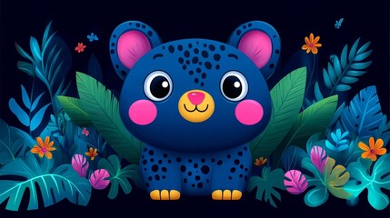 Enchanting whimsical creature with dreamlike flora a fantastical animal with pink cheeks and tropical plants in a dark enchanted forest a cartoonish bear