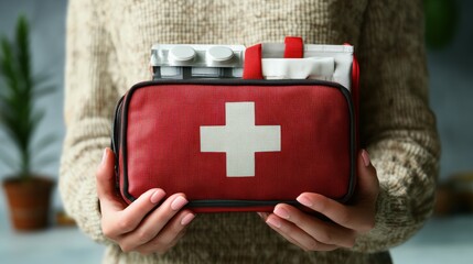 Close-up of a person's hands gently holding a vibrant red first-aid kit brimming with medical supplies against a softly blurred background scene