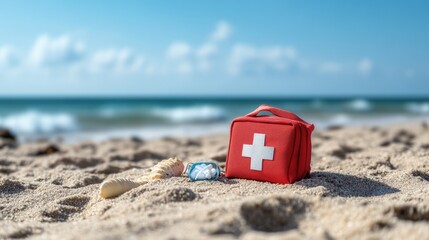 Red first-aid kit on sandy beach beside goggles and seas with clear blue ocean and sky creating a picturesque summer vacation scene outdoors