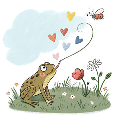 Naklejka premium Frog Catching Heart Shapes with Long Tongue Clipart in a Whimsical Garden Environment