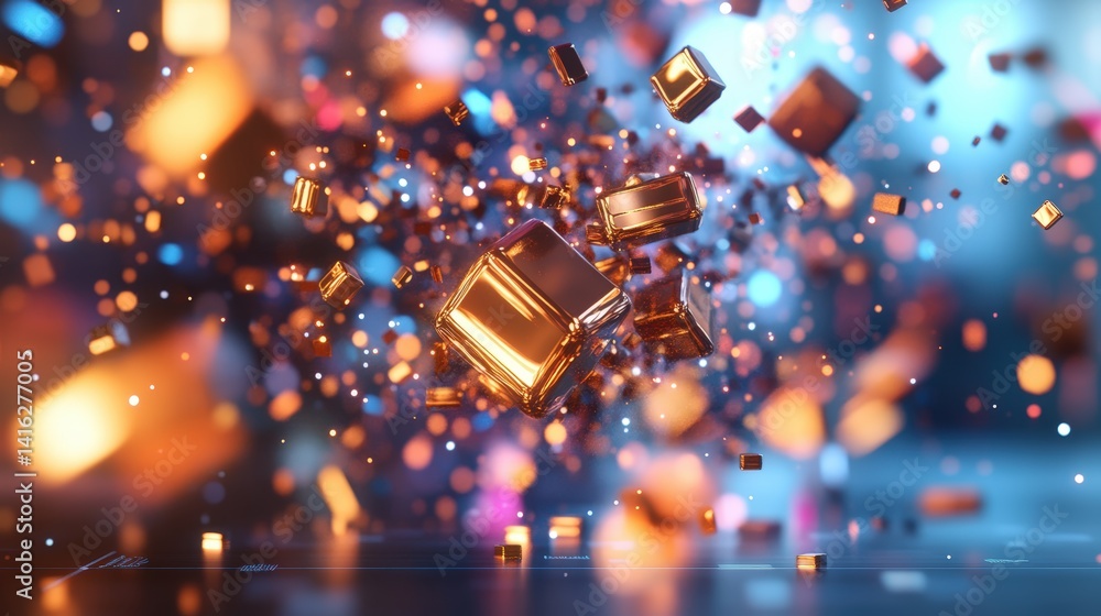 Poster abstract digital rende of metallic gold cubes and particles exploding with dark background and vibra