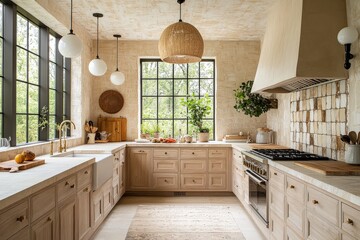 Elegant kitchen in Jean Stoffer style with light oak island, marble countertops, vintage brass fixtures, and moody lighting.