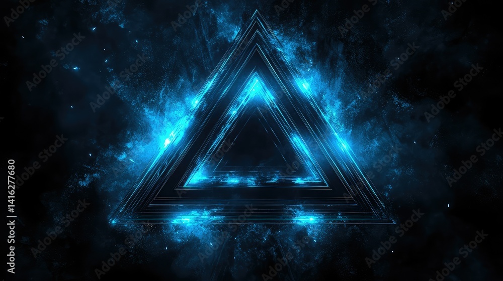Poster abstract geometric triangle design with glowing blue lines and cosmic elements on a dark background,