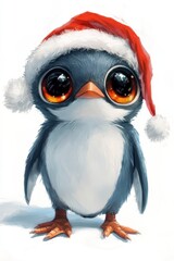 Naklejka premium Adorable Baby Penguin in Santa Hat Winter Holiday Illustration