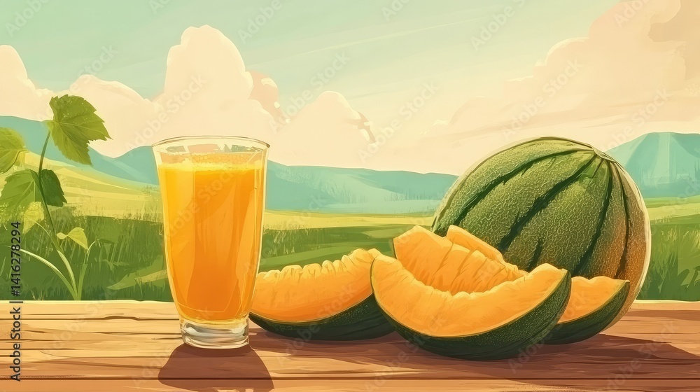 Poster refreshing melon juice next to fresh melon slices surrounded by lush green fields and rolling hills 