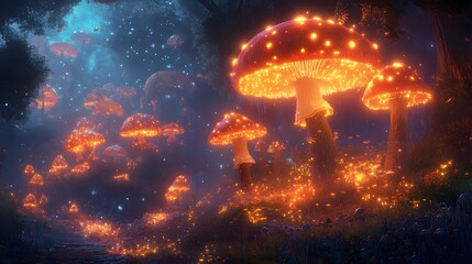Illuminated Mushrooms in a Mystical Forest