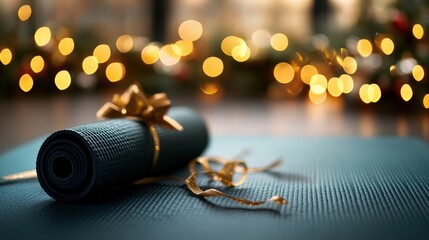 A beautifully wrapped teal yoga mat with a gold ribbon and bow lies on a larger teal mat against a stunning bokeh background of warm lights