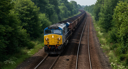 Obraz premium Blue and Yellow Cargo Train Transporting Coal through Green Forest on Railroad Tracks During Daytime