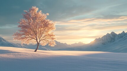 Solitary Frost-Covered Tree in a Snowy Mountain Landscape at Sunset