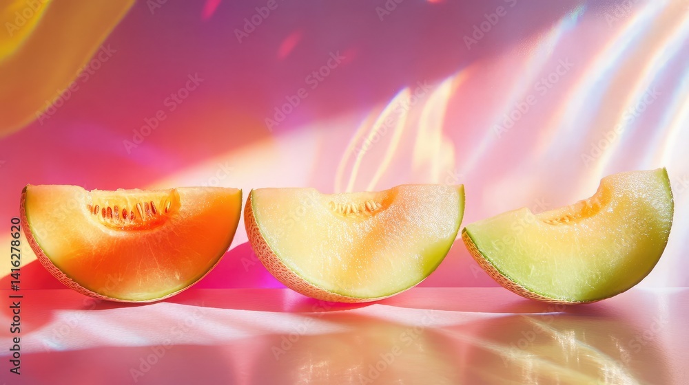 Poster vibrant melon slices arranged on a colorful background with light reflections creating an eye-catchi