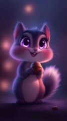Fototapeta premium Adorable Cartoon Squirrel Holding Acorn in Dark Glowing Setting