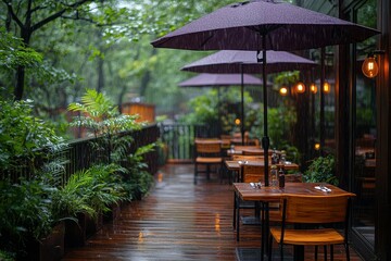 Fototapeta premium Outdoor terrace with tables, chairs, purple umbrella, wet floor, and urban landscape with green trees and modern architecture.