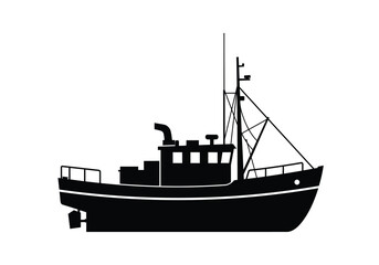 Obraz premium Lobster boat silhouette. This image shows a vessel used for lobster fishing, emphasizing its nautical design and marine equipment details. Vector clipart black illustration design.