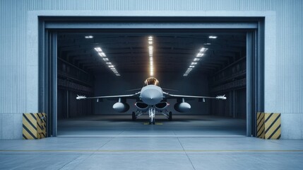 Military jet inside open hangar doors: aerospace defense fighter aircraft