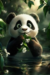 Obraz premium Adorable Panda Cub in a Lush Green Pond with White Flowers