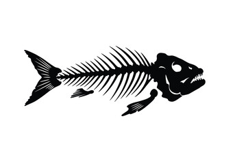 Fish skeleton silhouette. This image shows the outline of a fish skeleton, also called fish bones, with distinct ribs, spine, and angular shape. Vector clipart black illustration design.