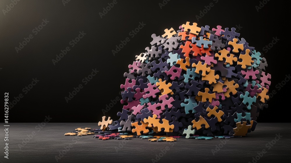 Poster multicolored jigsaw puzzle sphere spilling onto dark surface with black background creating a striki