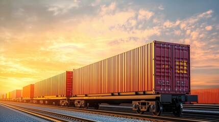 Obraz premium A long freight train carrying colorful shipping containers gracefully crosses sturdy railroad tracks under the warm glow of a vibrant sunset sky.