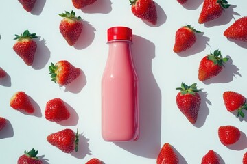 Pink strawberry milk bottle surrounded by strawberries