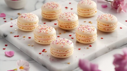 Fototapeta premium Exquisite Heart-Shaped Macarons with Colorful Sprinkles on a Marble Surface Surrounded by Delicate Floral Elements for Perfect Celebration Moments