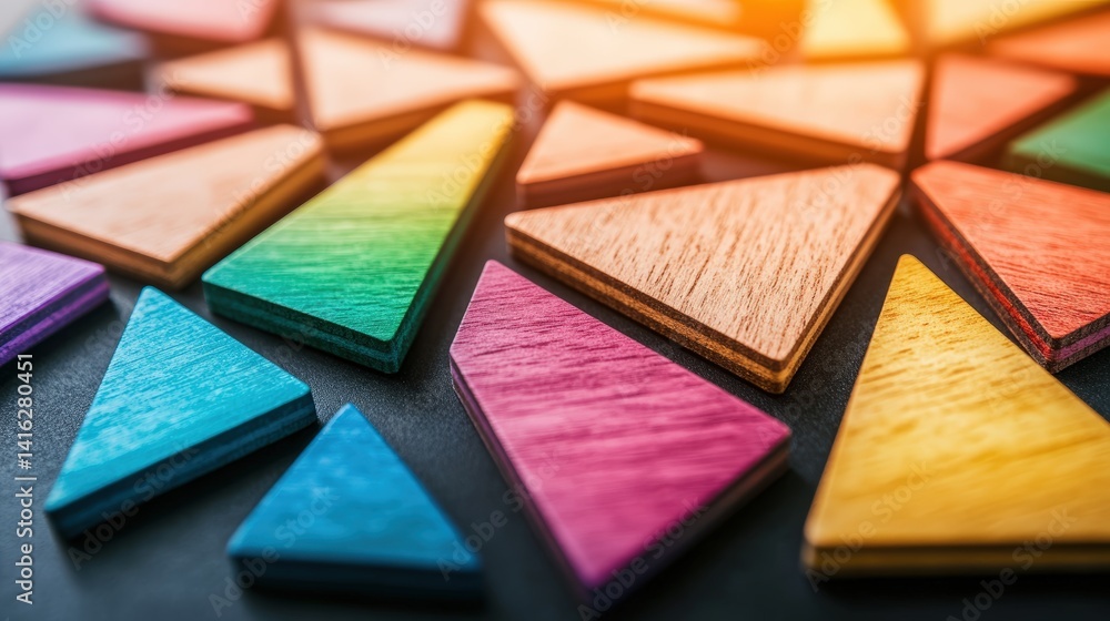 Poster close-up shot of vibrant multicolored wooden triangles artfully arranged on a dark surface creating 