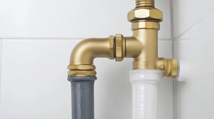 Gold faucet pipe fitting on white tiled wall background 