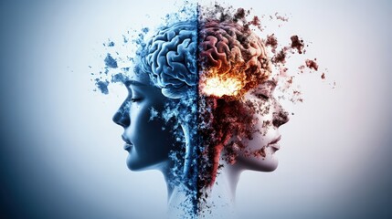 Digital Artwork of a Woman's Profile in Two Halves, One Side in Cool Blue Tones with Brain, Other in Fiery Warm Colors with Brain Conceptual Split Design