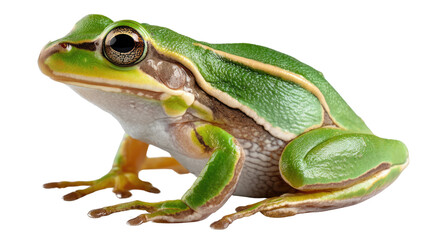 Obraz premium Vibrant Frog's Pose: An eye-level view captures a vivid, healthy frog in a natural pose. This image embodies freshness and a pristine, unblemished presence.