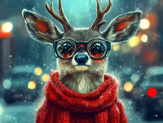  Gentle Deer in Red Sweater and Glasses Amidst Snowy City Night © วันวิสาข์ ปรางอ่อน