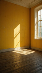 Obraz premium Sunlit Yellow Room Warm Wooden Floor. AI Generated