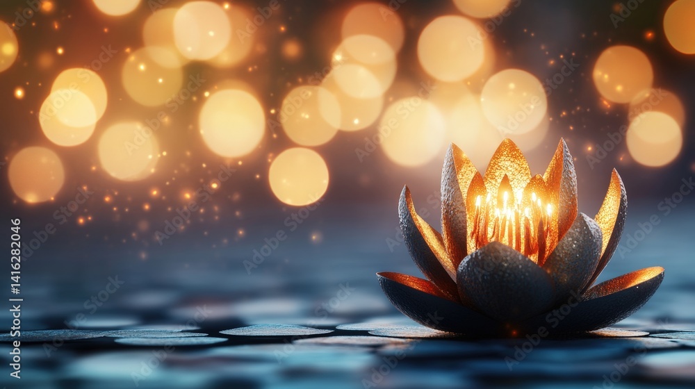 Poster metallic lotus flower glowing with inner light against a warm bokeh background on a dark textured su