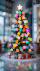 Brightly Lit Festive Christmas Tree Bokeh. AI Generated