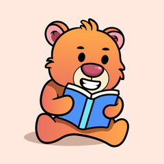 Cute Bear Reading Book Cartoon Illustration. Animal Nature Icon Concept Isolated Flat Cartoon Style for coloring page or education kids