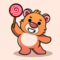 Cute Bear Eat Sweet Candy Cartoon Illustration. Animal Nature Icon Concept Isolated Flat Cartoon Style for coloring page or education kids